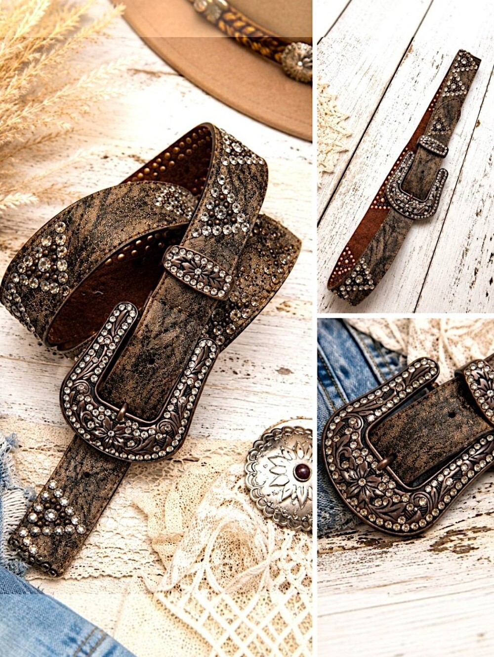 Western Bling Leather Belt Womens S/M Brown Rhinestone Cowgirl Rodeo Festival
